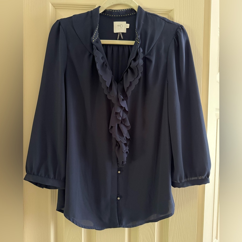 Navy Anthropologie 3/4 sleeve ruffle collar blouse